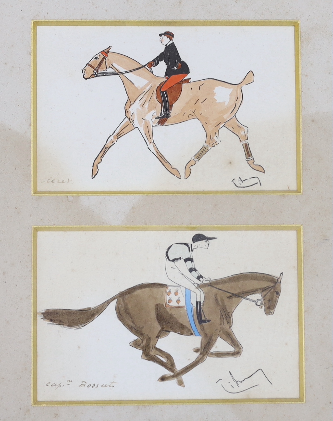 French School, set of five 20th century ink and watercolours, Horse racing and hunting interest, each inscribed in French, indistinctly signed, mounted and framed as one, 13 x 8cm